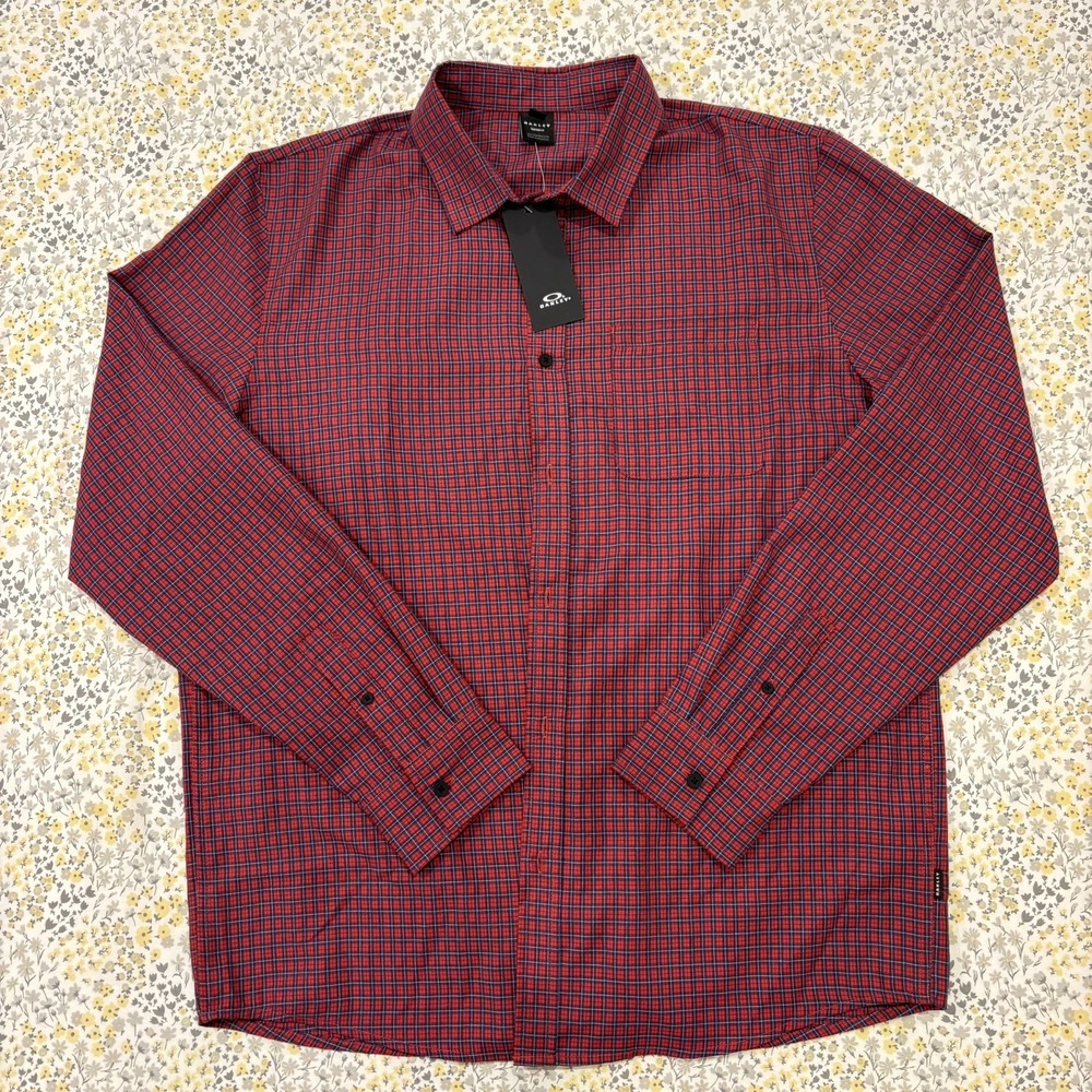 NWT Oakley Red Blue Micro Check Woven Long Sleeve Button Shirt Men's Size XL